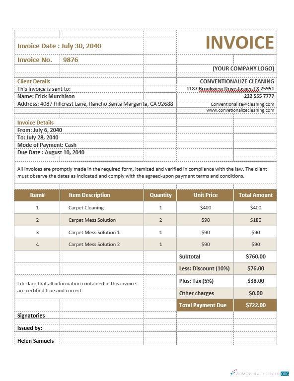 Download Carpet Cleaning Service Invoice Template Photoshop template